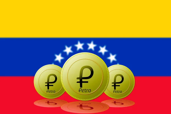 Three Petros cryptocurrency with Venezuela flag on background.