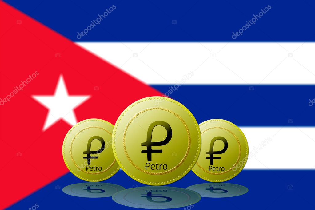 Three Petros cryptocurrency with Russia flag on background.