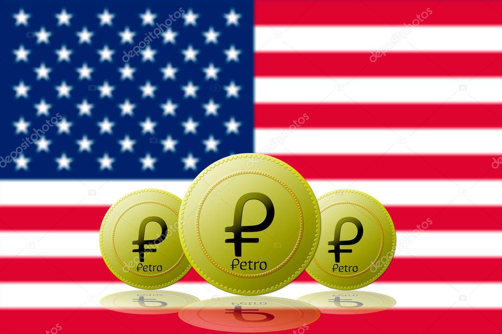 Three Petros cryptocurrency with Usa flag on background.