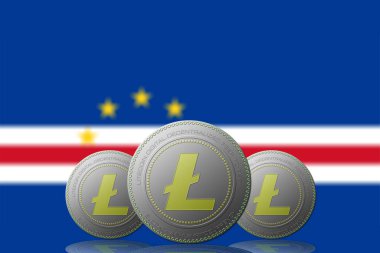 3 Boyutlu İLETİM 3 LITECOIN şifreleme para birimi ve arka planda Cape Verde bayrağı.