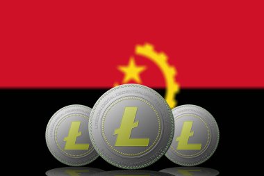 3 boyutlu ILLUSTRASYON 3 LITECOIN şifreleme ve Angola bayrağı arka planda.