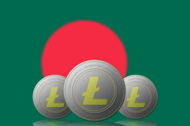 3 boyutlu ILLUSTRASYON 3 LITECOIN kripto para birimi ve Bangladeş bayrağı.