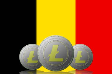 3 Boyutlu LITECOIN Şifreleme Arkaplanda Belçika bayrağı.