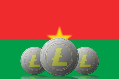 3 boyutlu ILLUSTRASYON 3 LITECOIN şifreleme ve arka planda Burkina Faso bayrağı.