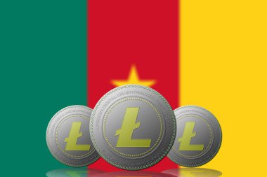 3 Boyutlu İLETİM Arka planında Kamerun bayrağı olan 3 LITECOIN şifreleme.