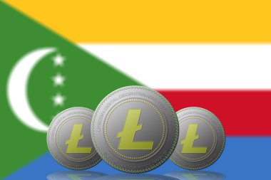 3 Boyutlu İLETİM Arka planda Komoros bayrağı olan 3 LITECOIN kripto para birimi.
