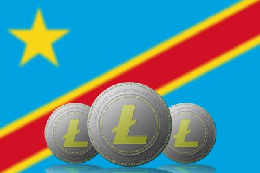 Arka planda Demokratik Kongo Cumhuriyeti bayrağı bulunan 3 boyutlu LITECOIN kriptosu.
