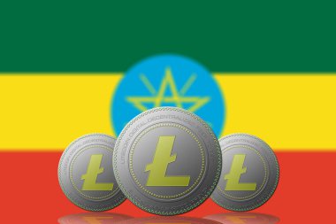 3 Boyutlu İLETİM Arka planda Etiyopya bayrağı bulunan 3 LITECOIN kripto para birimi.