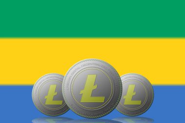 3 Boyutlu LITECOIN Şifreleme Arkaplanda Gabon bayrağı.