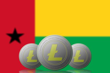 Arka planda Gine Bissau bayrağı bulunan 3 LITECOIN şifreleme.