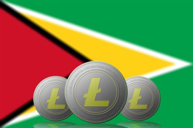 3 Boyutlu İLETİM Arka planda Guyana bayrağı bulunan 3 LITECOIN kripto para birimi.