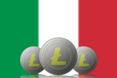 3 Boyutlu İLETİM Arka planda İtalya bayrağı bulunan 3 LITECOIN kripto para birimi.