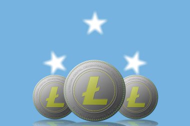 3 boyutlu ILLUSTRASYON 3 LITECOIN kripto para birimi ve arka planda Mikronezya bayrağı.