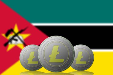 3 boyutlu ILLUSTRASYON 3 LITECOIN kripto para birimi ve arkaplanda Mozambik bayrağı.