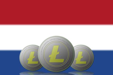 Arkaplanda Hollanda bayrağı bulunan 3 boyutlu LITECOIN kripto para birimi.