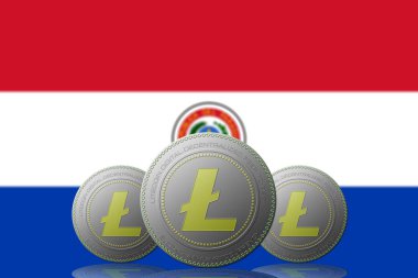 3D İLÜSTÜYON 3 LITECOIN şifreleme para birimi ve arka planda Paraguay bayrağı.