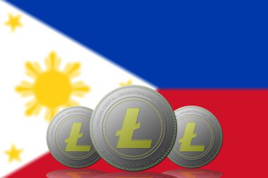 3 Boyutlu İLETİM Arka planda Filipinler bayrağı olan 3 LITECOIN kripto para birimi.