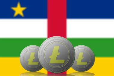 3 boyutlu ILLUSTRASYON 3 LITECOIN şifreleme ve arka planda Orta Afrika Cumhuriyeti bayrağı.