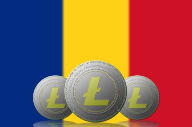 3 Boyutlu İLÜSTÜYON Arka planda Romanya bayrağı bulunan üç LITECOIN kripto para birimi.