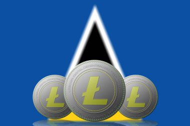 Arka planda Saint Kitts ve Nevis bayrağı olan 3 boyutlu LITECOIN kriptosu.