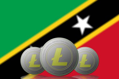 Arka planda Saint Kitts ve Nevis bayrağı olan 3 boyutlu LITECOIN kriptosu.