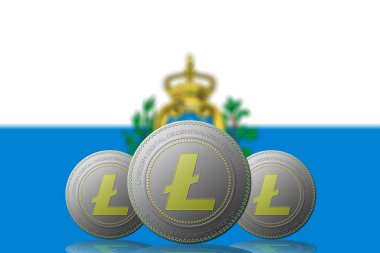 3 Boyutlu İLETİM 3 LITECOIN kripto para birimi ve arka planda Saint Marino bayrağı.