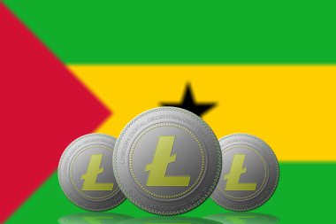 Arka planda Sao Tome ve Principe bayrağı olan 3 boyutlu LITECOIN şifreleme.