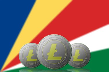 3 boyutlu ILLUSTRASYON 3 LITECOIN kripto para birimi ve arka planda Seyşeller bayrağı.