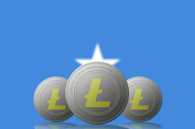 3 Boyutlu İLETİM Arka planda Somali bayrağı olan 3 LITECOIN kripto para birimi.