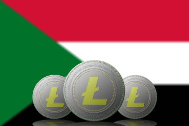 3 Boyutlu İLETİM Arka planında Sudan bayrağı olan 3 LITECOIN şifreleme.