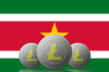 3 Boyutlu İLETİM 3 LITECOIN kripto para birimi ve arka planda Surinam bayrağı.