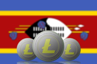 Svaziland 'ın arkaplanda bayrağı bulunan 3 boyutlu LITECOIN şifreleme.