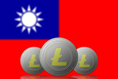 3 Boyutlu İLÜSTÜYON Arka planda Tayvan bayrağı bulunan 3 LITECOIN şifreleme birimi.
