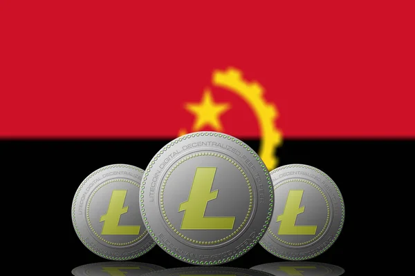 Иллюстрация Три Криптовалюты Litecoin Флагом Анголы Фоне — стоковое фото