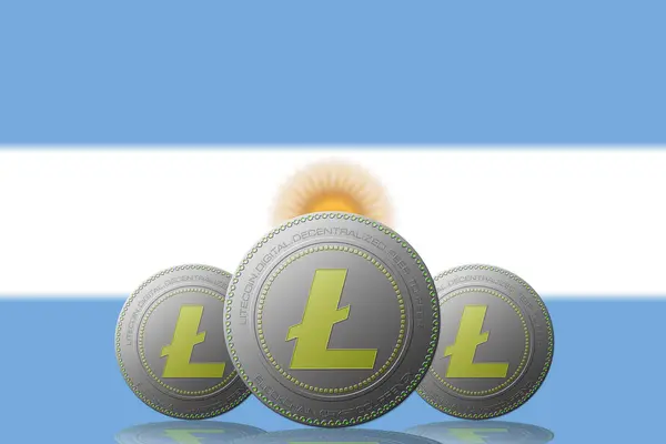 Illustration Trois Crypto Monnaie Litecoin Avec Drapeau Argentine Sur Fond — Photo