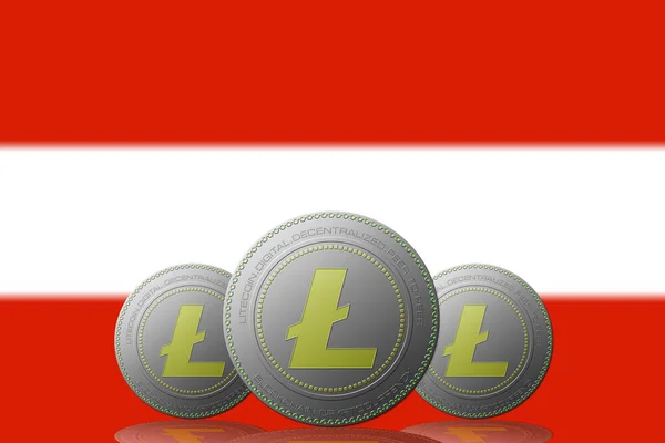 Illustration Trois Crypto Monnaie Litecoin Avec Drapeau Autriche Sur Fond — Photo