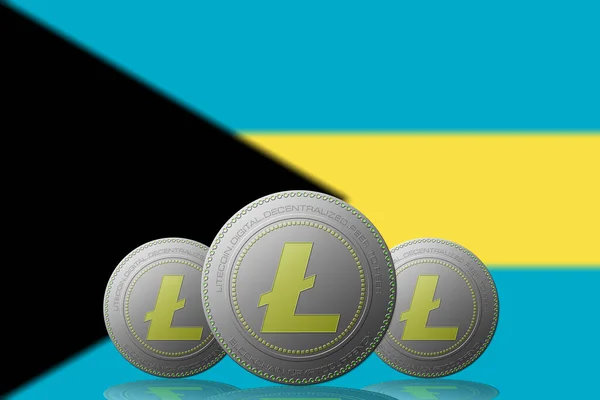 Illustration Trois Crypto Monnaie Litecoin Avec Drapeau Des Bahamas Sur — Photo