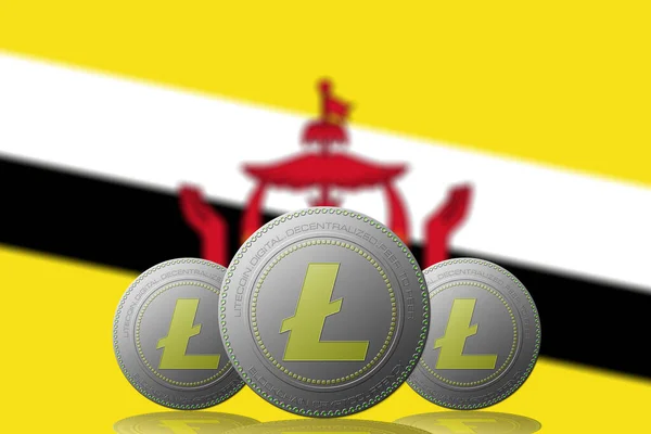 Illustration Trois Crypto Monnaie Litecoin Avec Drapeau Brunei Sur Fond — Photo