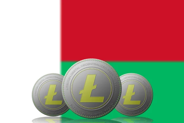 Illustration Trois Crypto Monnaie Litecoin Avec Drapeau Madagascar Sur Fond — Photo