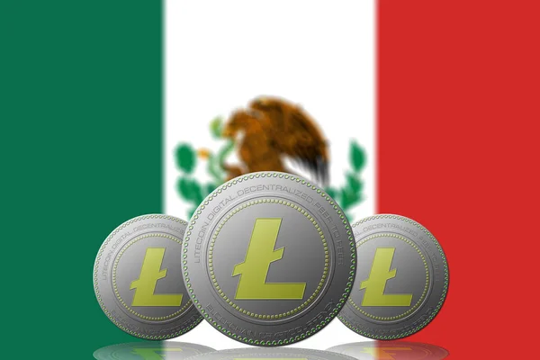 Ilustración Tres Criptomonedas Litecoin Con Bandera México Segundo Plano — Foto de Stock