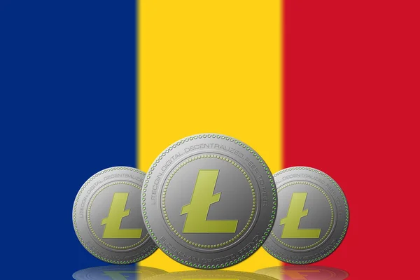 Illustration Three Litecoin Crypcurrency Romania Flag Background — 图库照片