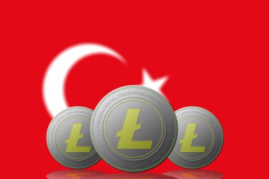 Arka planda Türkiye bayrağı bulunan 3 boyutlu LITECOIN kripto para birimi.