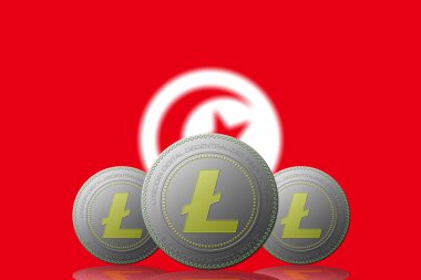 3 Boyutlu LITECOIN Şifreleme Arkaplanda Tunus bayrağı.
