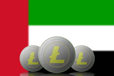 3 Boyutlu LITECOIN Şifreleme Arkaplanda Birleşik Arap bayrağı.