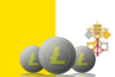 3 boyutlu ILLUSTRASYON 3 LITECOIN kripto para birimi ve arkasında Vatikan bayrağı.