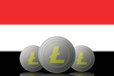 3 Boyutlu İSTİYON 3 LITECOIN Kripto Yemen ve arkaplanda bayrak.