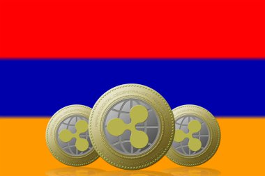 3 Boyutlu İLETİM Arka planda Ermenistan bayrağı olan üç RIPPLE kripto para birimi