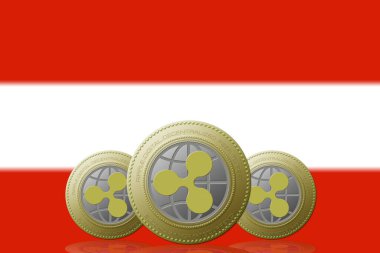 3 Boyutlu İLETİM Arka planda Avusturya bayrağı bulunan üç RIPPLE kripto para birimi