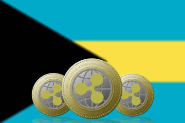 3 Boyutlu İLETİM Arka planda Bahama bayrağı olan üç RIPPLE kripto para birimi