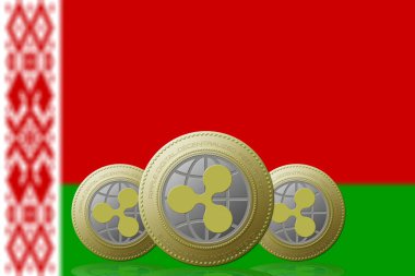 3 Boyutlu İLETİM Arka planda Belarus bayrağı olan üç RIPPLE kripto para birimi